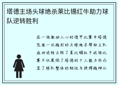 塔德主场头球绝杀莱比锡红牛助力球队逆转胜利